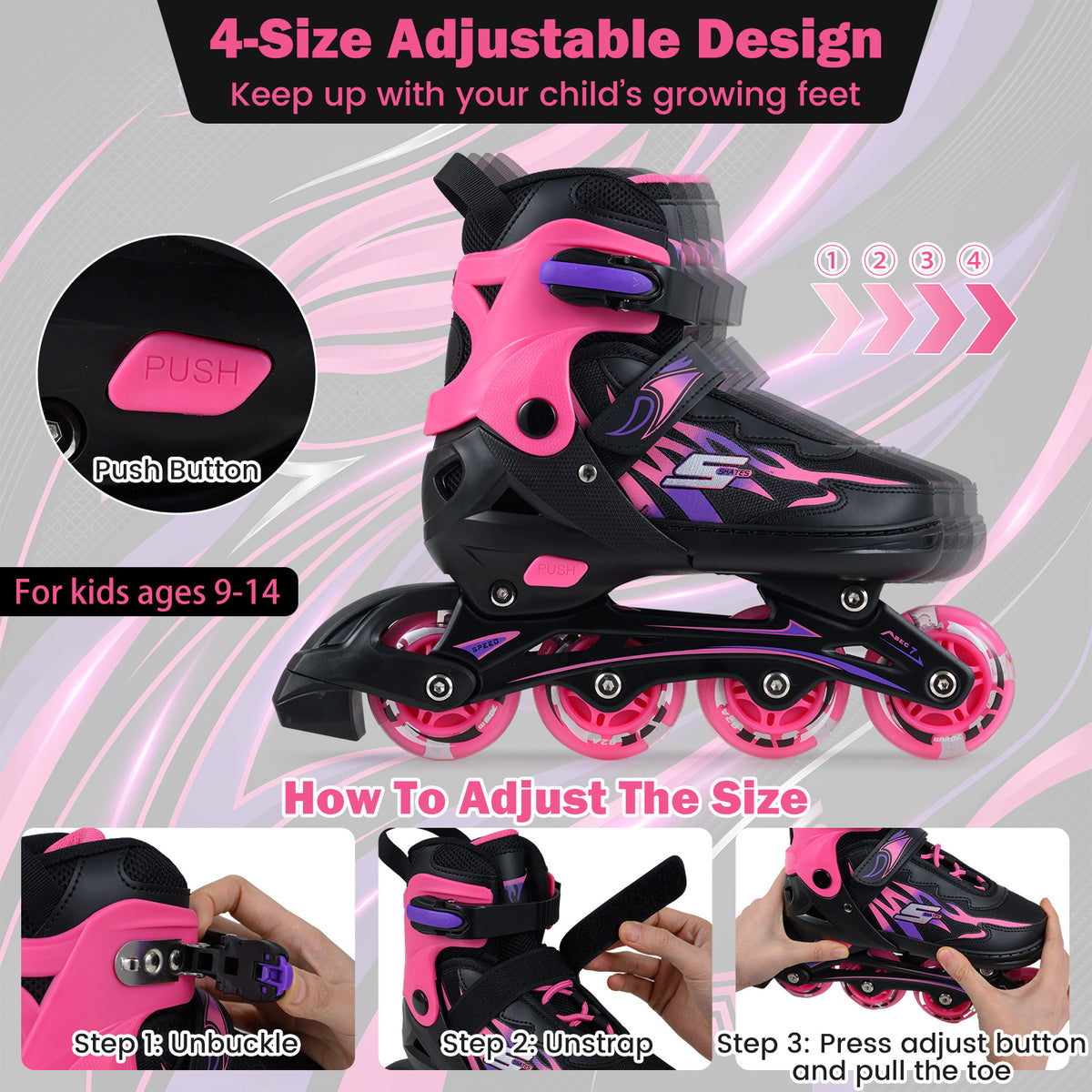 Diagram showing how to adjust the size of pink and black inline skates