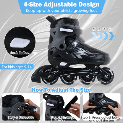Diagram showing how to adjust the size of the grey roller skates