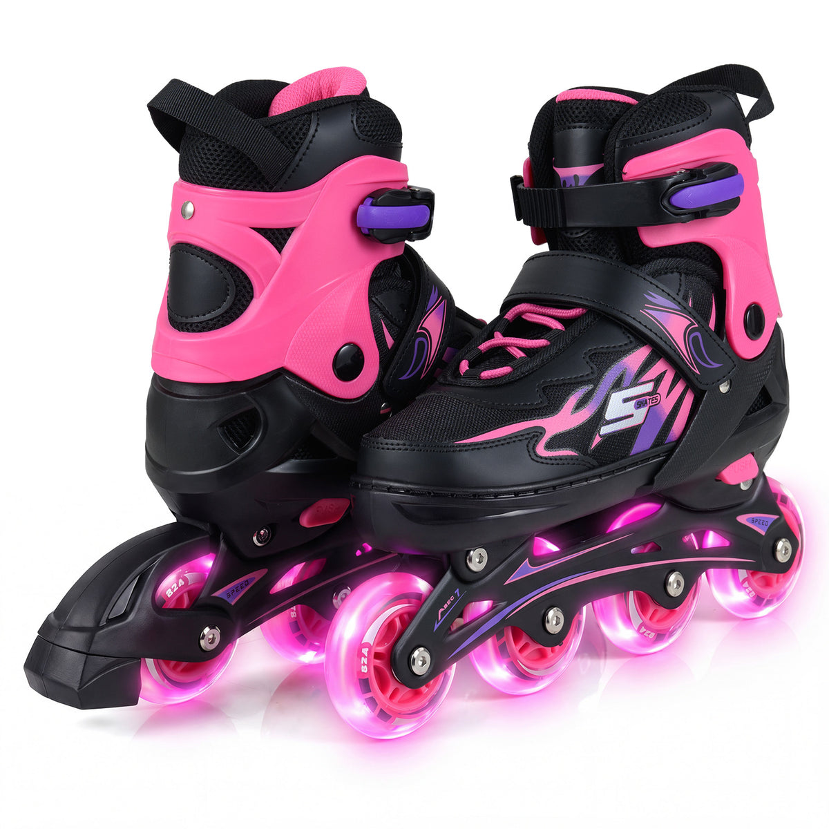 Kids Inline Skates 4 Sizes Adjustable Light-Up Roller Skates in black and pink with glowing wheels