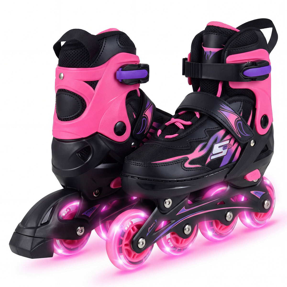 Kids Inline Skates 4 Sizes Adjustable Light-Up Roller Skates in pink and black with glowing wheels