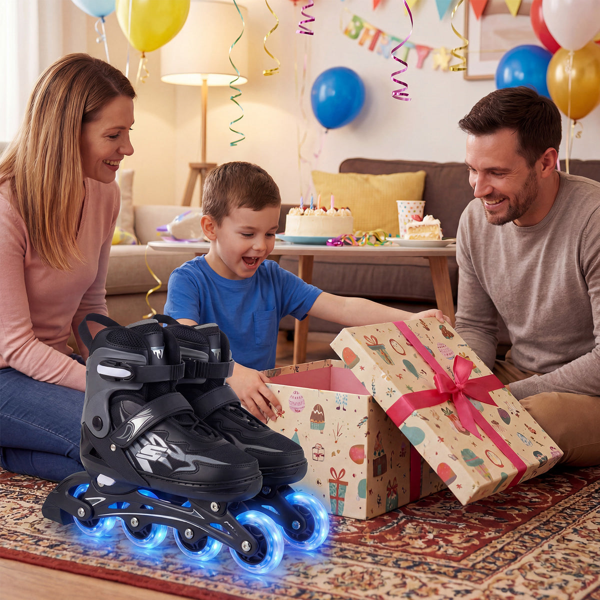 The grey roller skates being given as a gift to a boy by his parents