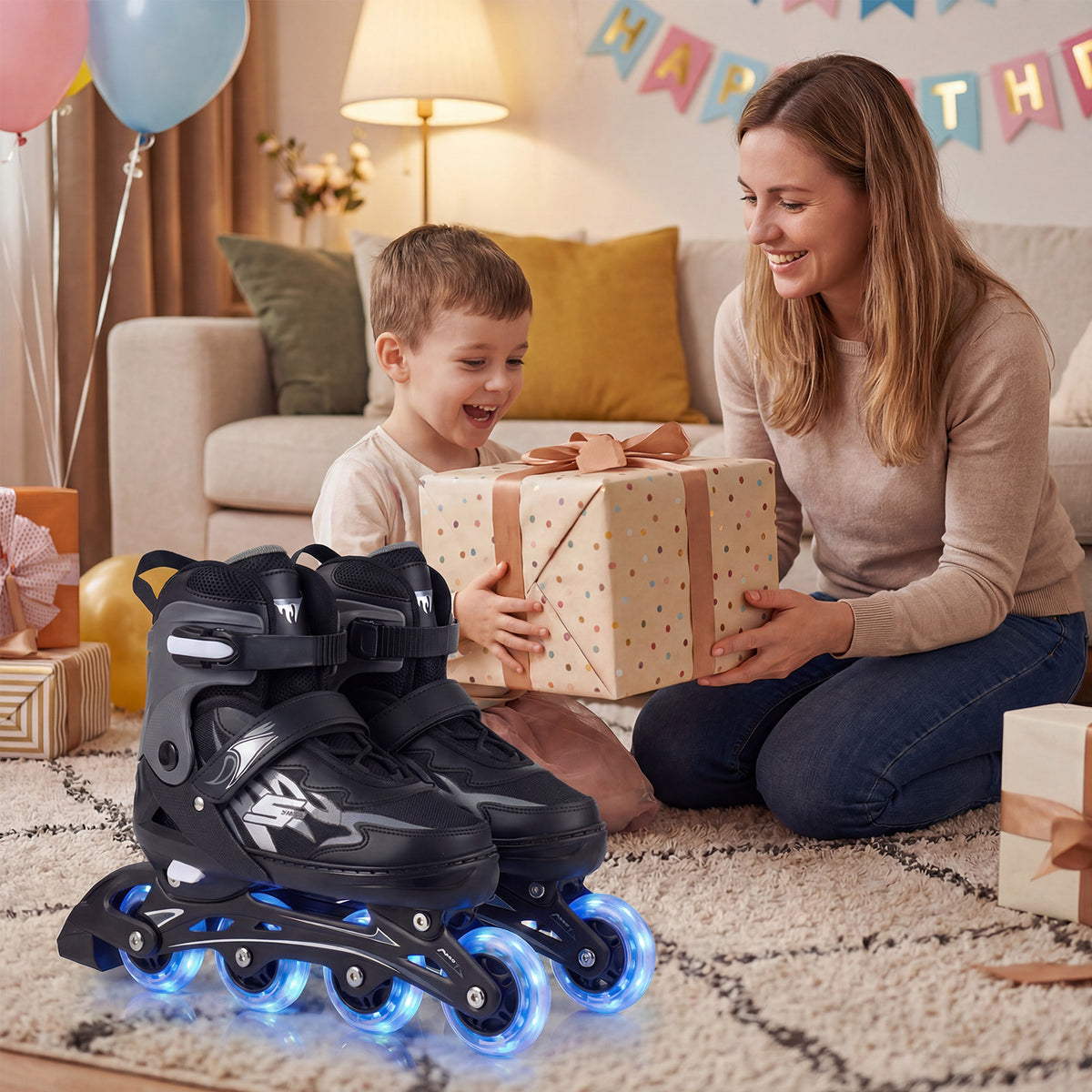 A boy receives a gift of grey adjustable roller skates from his mother
