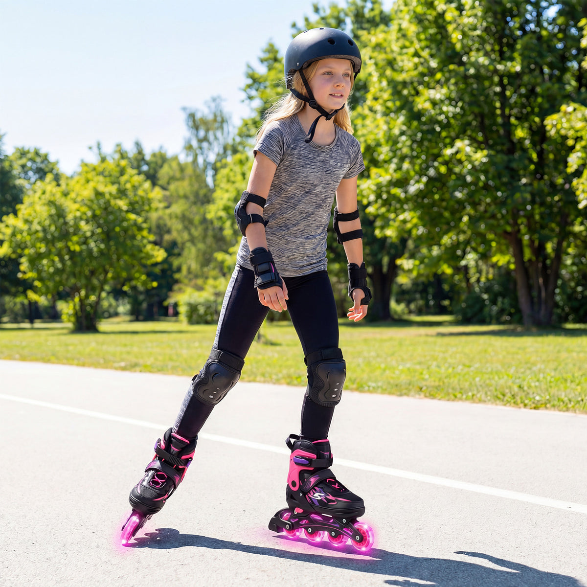 A girl wearing protective gear skates outdoors on pink and black adjustable inline skates