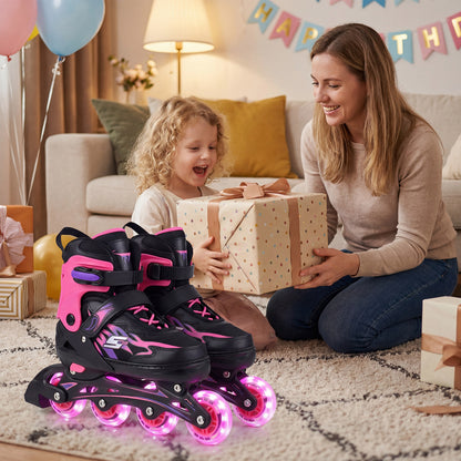 The toy sports skates placed on a rug next to a child opening a birthday present