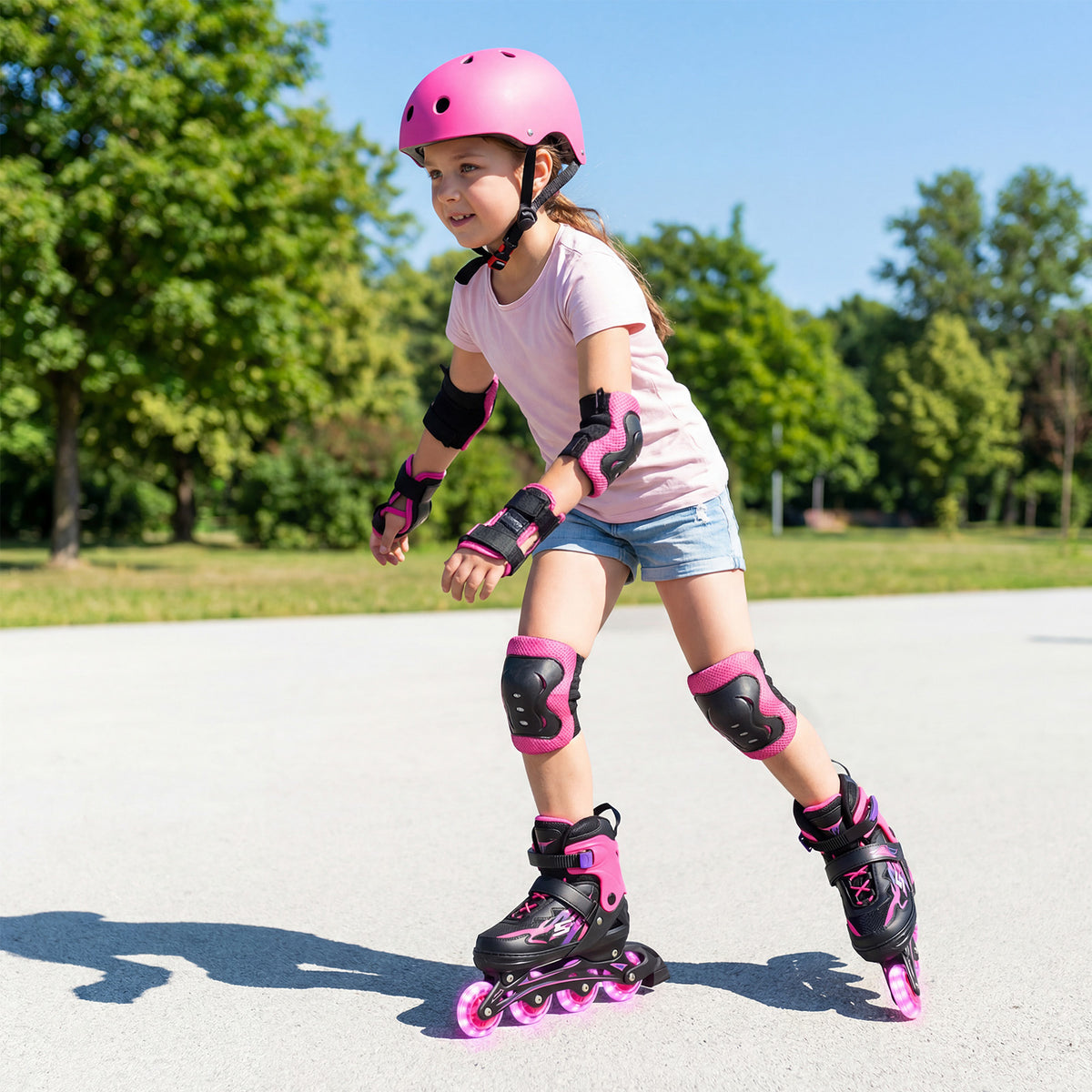 A young girl wearing the roller skates and protective gear skating on a paved path outdoors