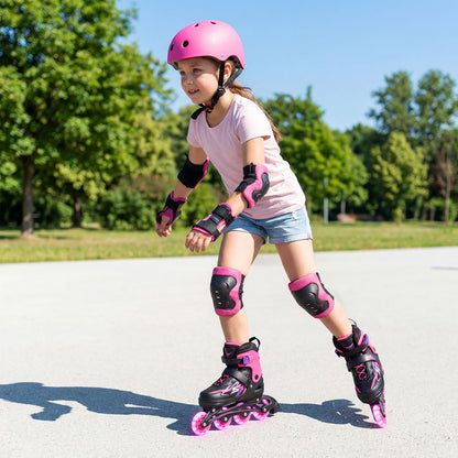 A young girl wearing the roller skates and protective gear skating on a paved path outdoors