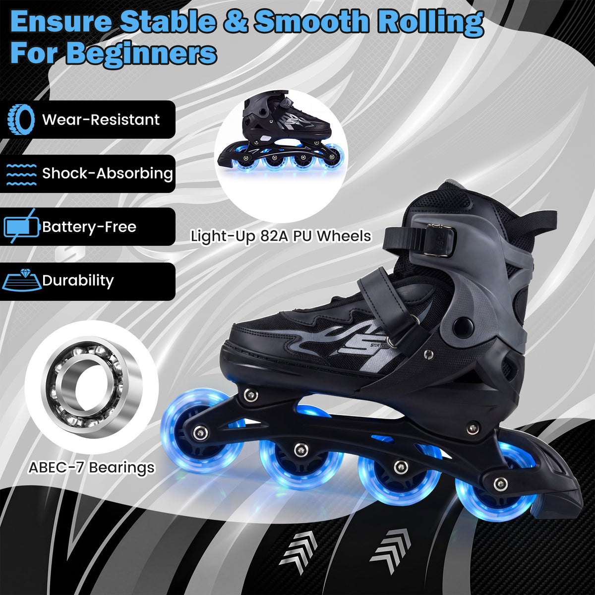Features of the grey adjustable roller skates including durability and ABEC-7 bearings