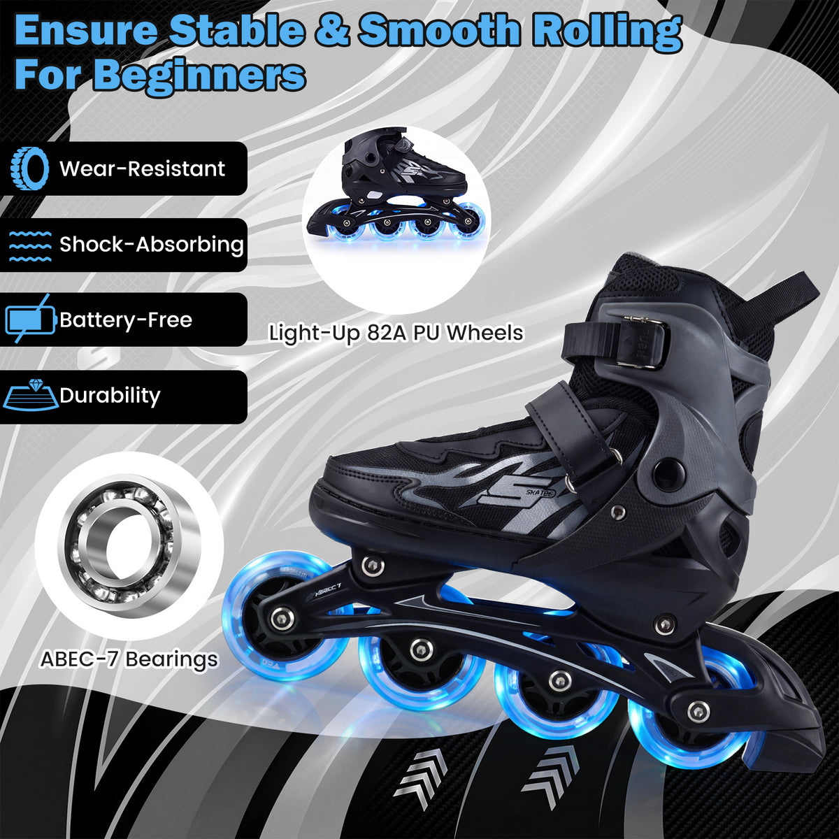 Features of the grey roller skates including wear resistance and shock absorption