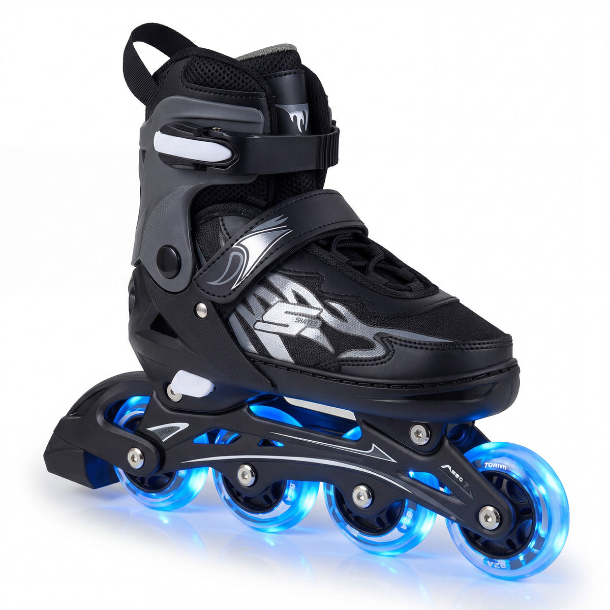 Close-up of the grey adjustable roller skates with illuminated wheels