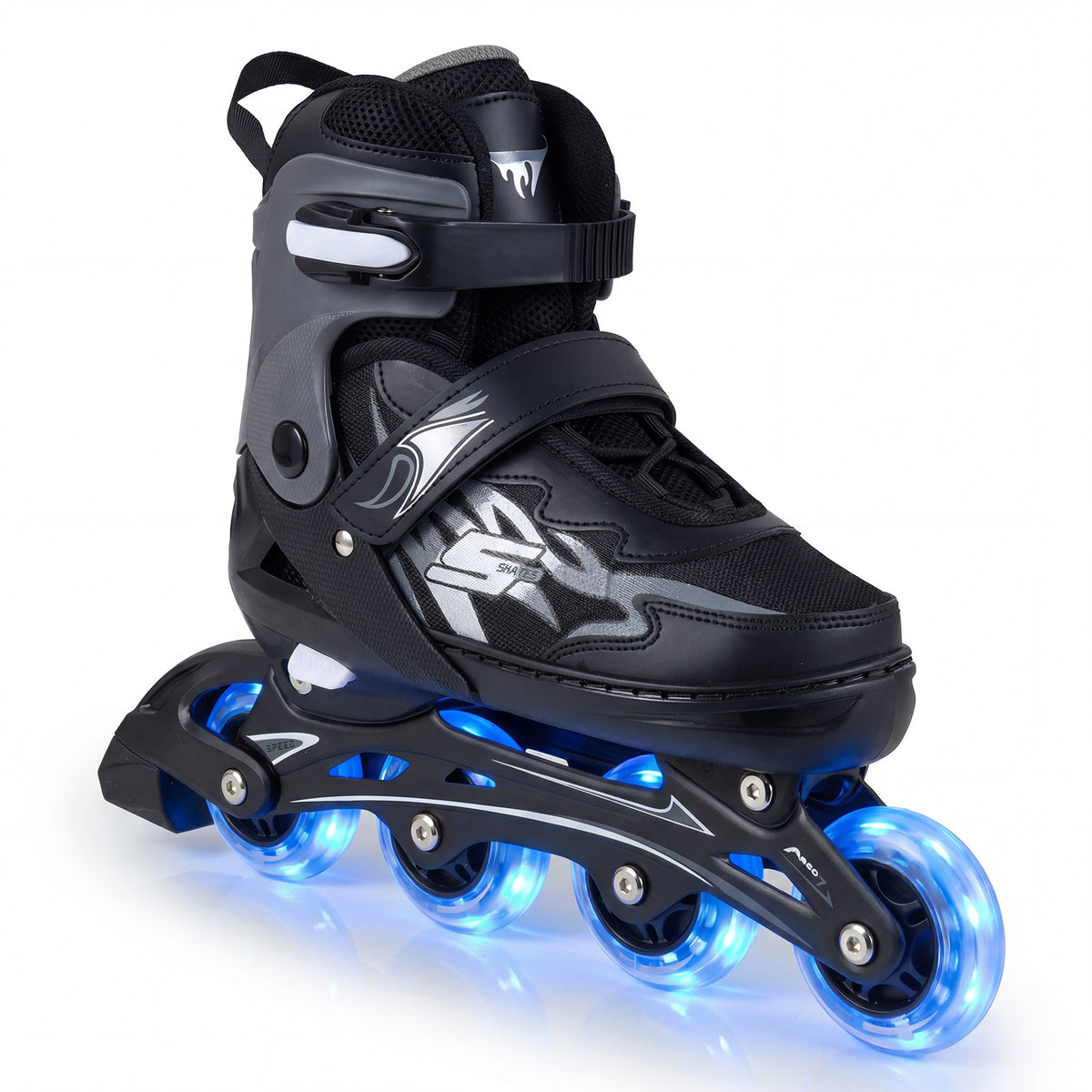 Close-up of the grey adjustable roller skates showing the light-up wheels
