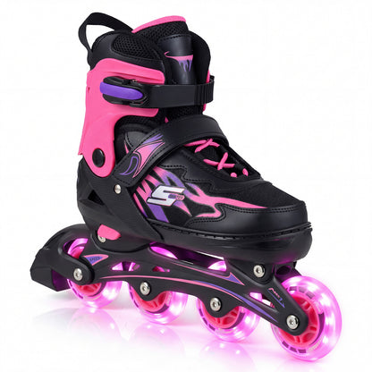A single black and pink roller skate with illuminated wheels shown against a white background