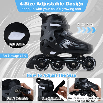 Diagram showing how to adjust the size of the grey roller skates