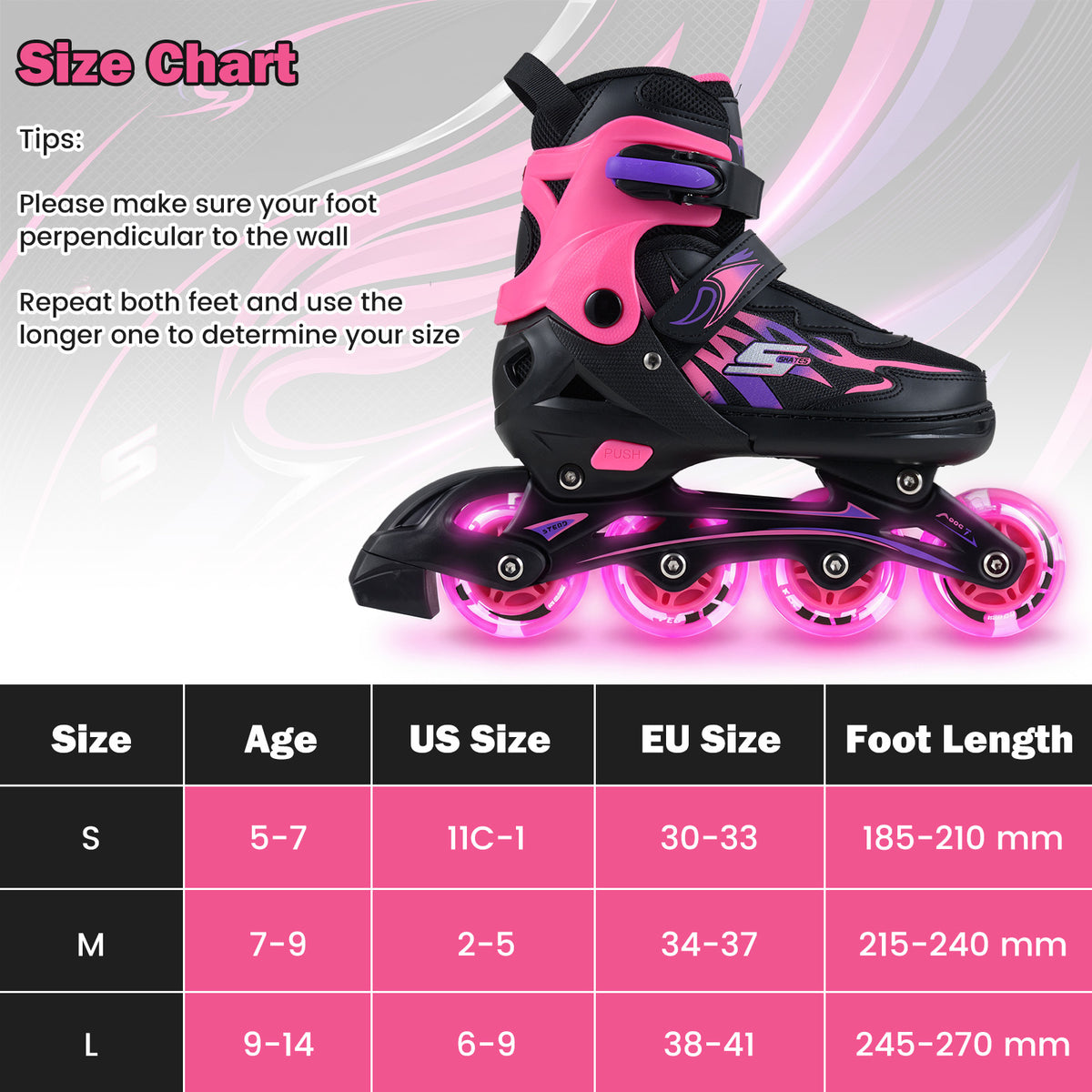Size chart for pink and black adjustable inline skates showing sizes S, M, L