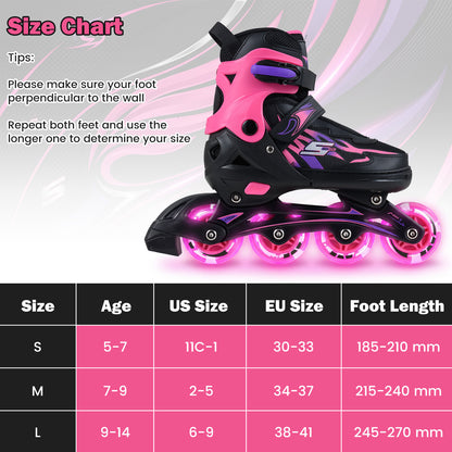 Size chart for pink and black adjustable inline skates showing sizes S, M, L