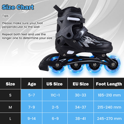 Size chart for the grey adjustable roller skates showing sizes S, M, L