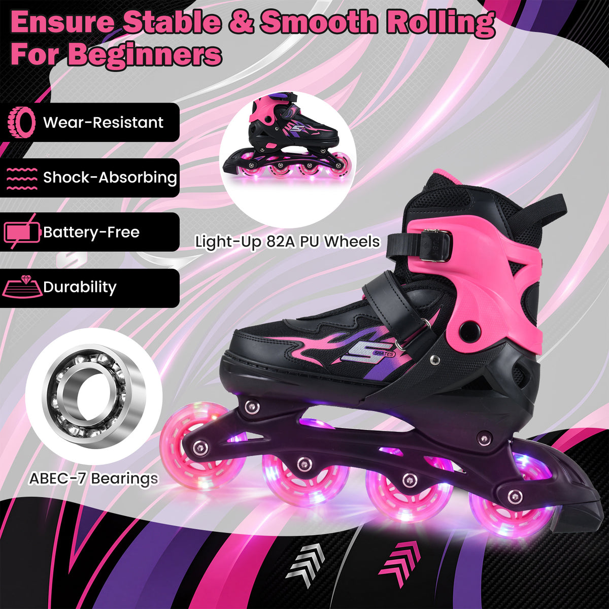 Features of the kids inline skates including ABEC-7 bearings and PU wheels