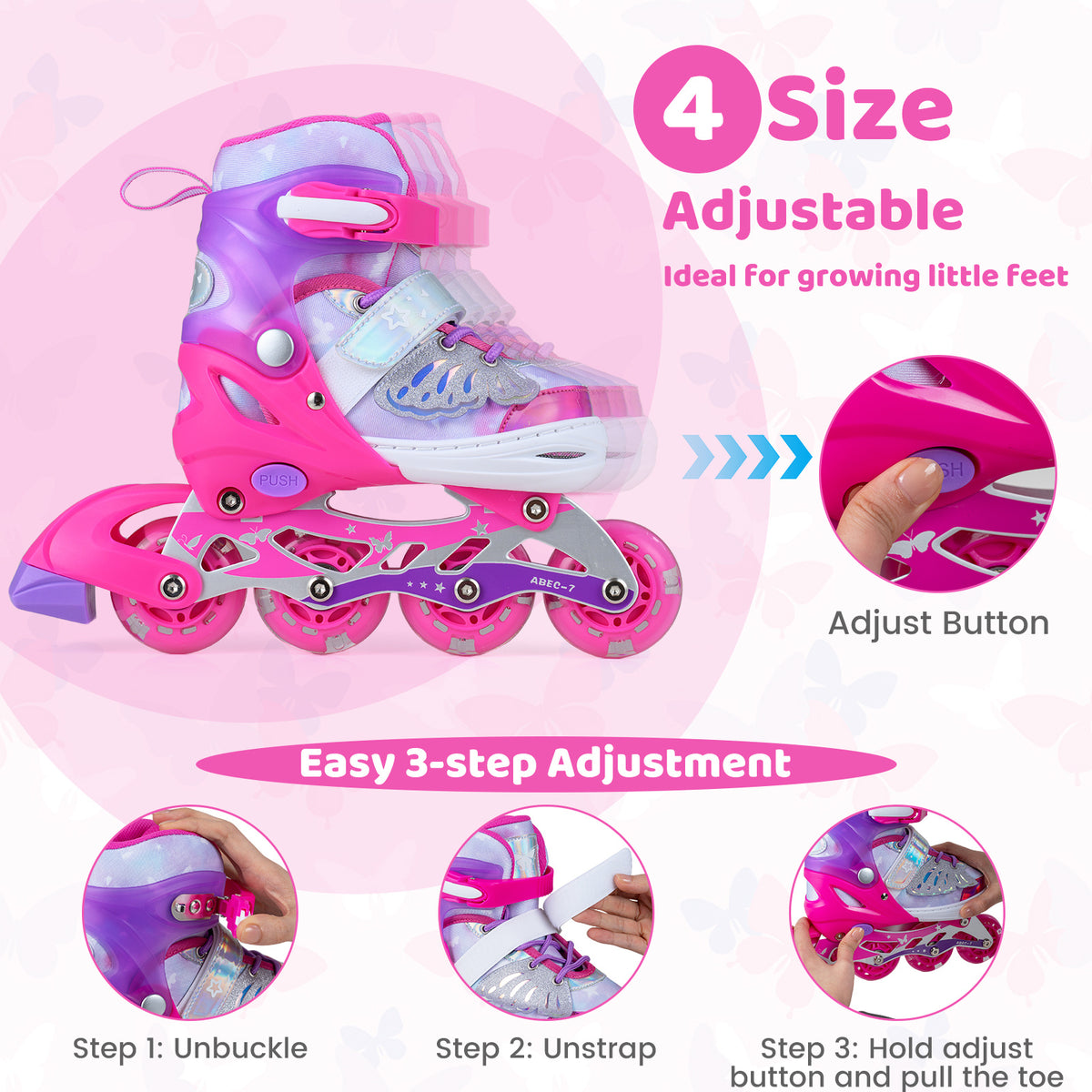 Diagram showing how to adjust the size of the pink inline skates with three simple steps