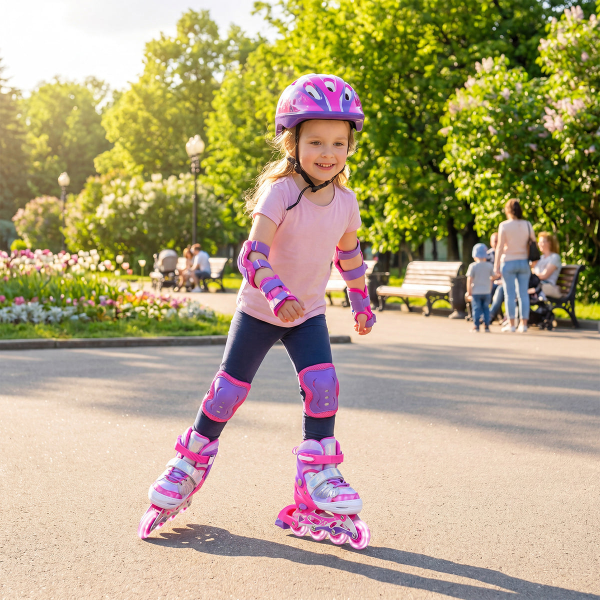 Young girl wearing pink protective gear and pink inline skates, smiling as she skates in a park