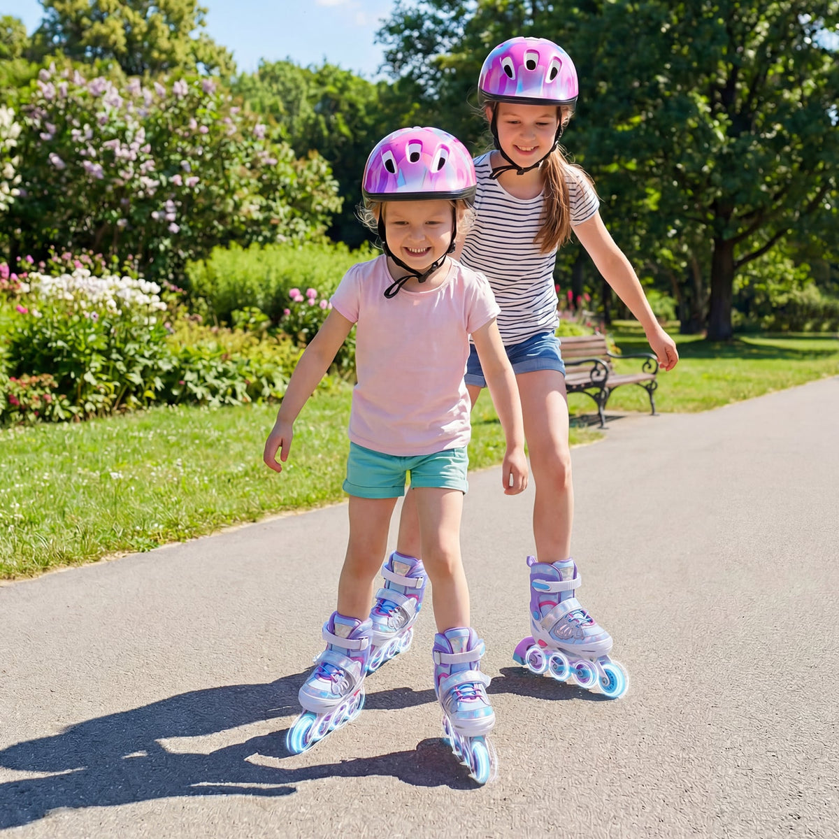 Two young girls wearing protective gear and the blue adjustable inline skates, skating on a path in a park