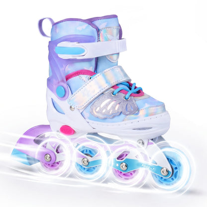 Kids Inline Skates Adjustable length and Illuminating Beginner Skating Shoes with Safety Strap-Blue, showing the front and