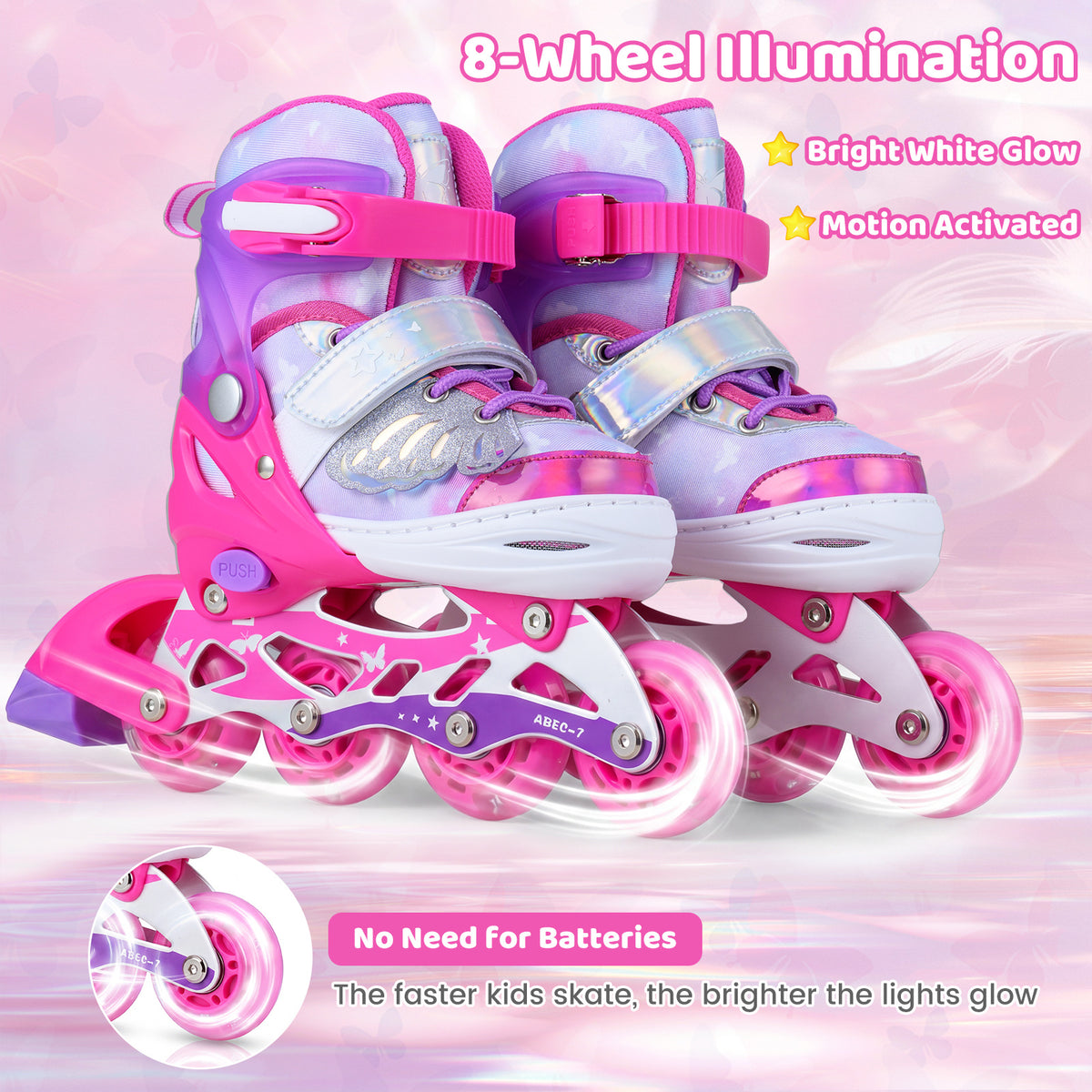 Pink adjustable inline skates for children with illuminated wheels and motion activation