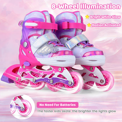 Pink adjustable inline skates for children with illuminated wheels and motion activation