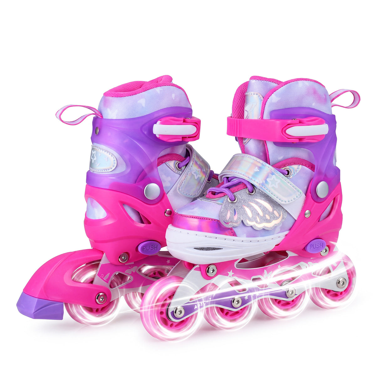 Pair of pink adjustable inline skates with illuminated wheels, shown from the front