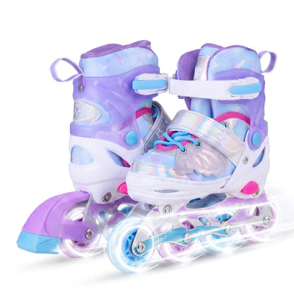 The blue adjustable inline skates shown from the side with the illuminated wheels glowing
