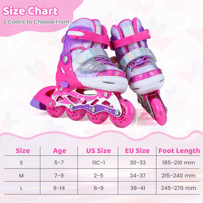 Size chart showing S, M, L sizes for kids inline skates with corresponding age and foot length