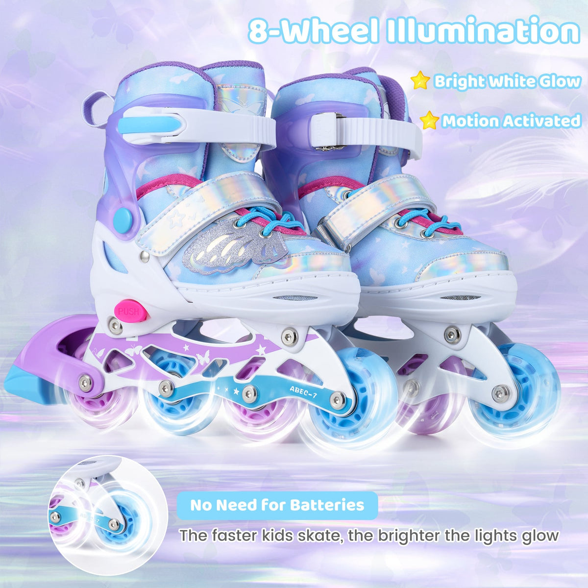 Kids Inline Skates Adjustable Length and Illuminating Beginner Skating Shoes in Blue