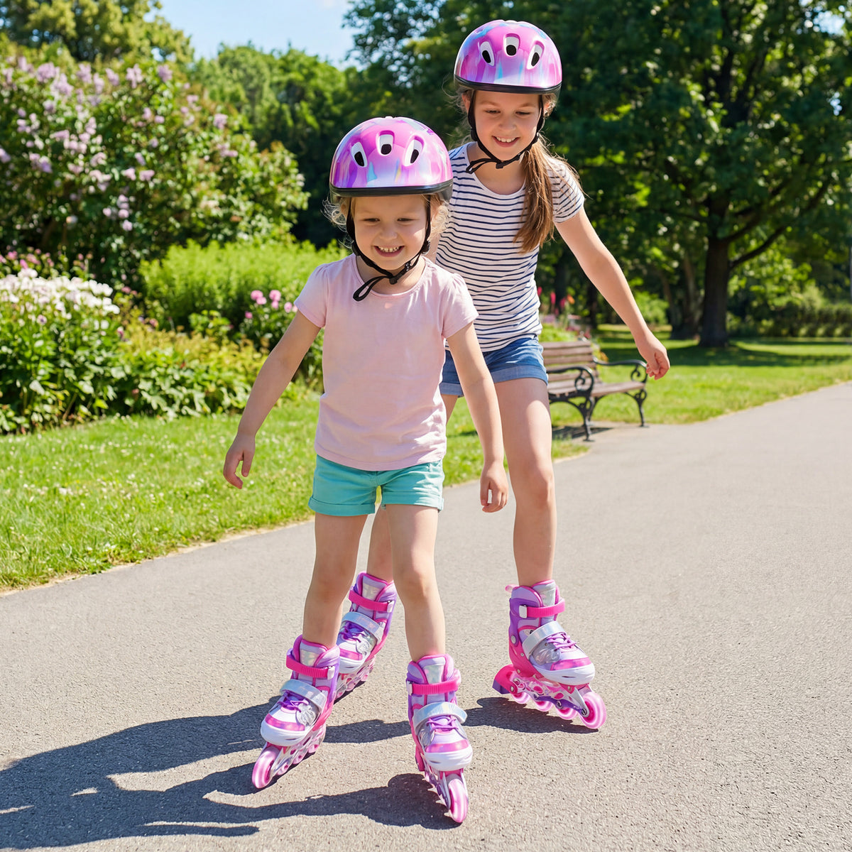 Two young girls wearing pink protective gear and pink inline skates, skating together on a path in a park
