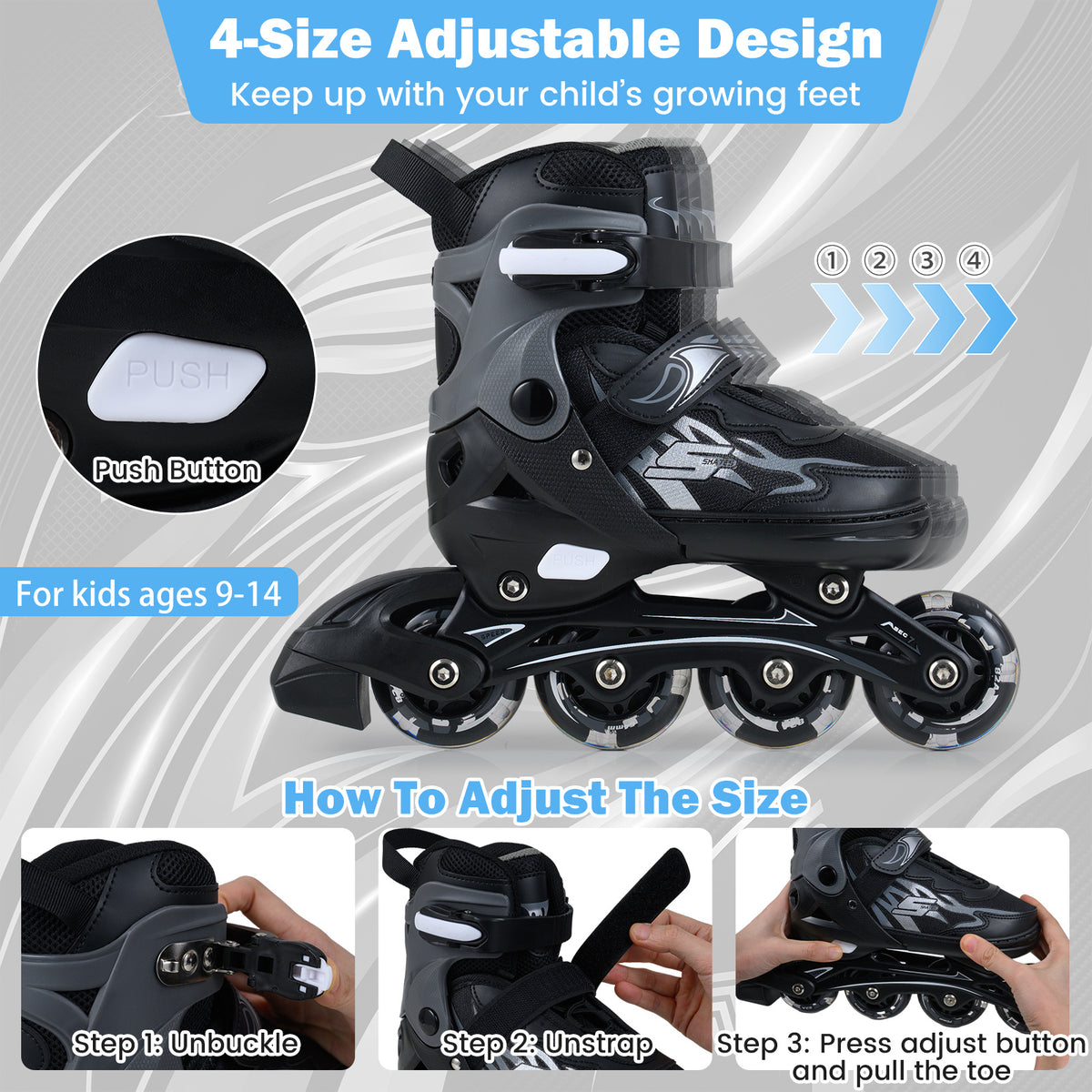 The inline skates showing the adjustable boot mechanism with step by step visual instructions