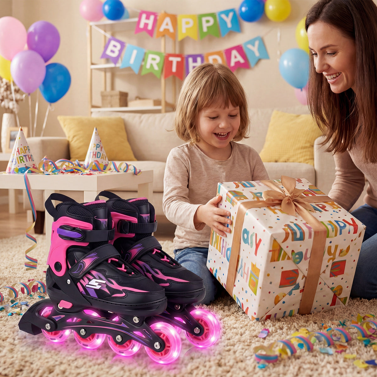 A child receives pink inline skates as a birthday gift