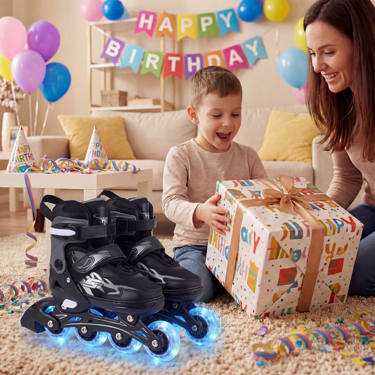 The grey inline skates with glowing wheels sitting on a carpet during a birthday celebration