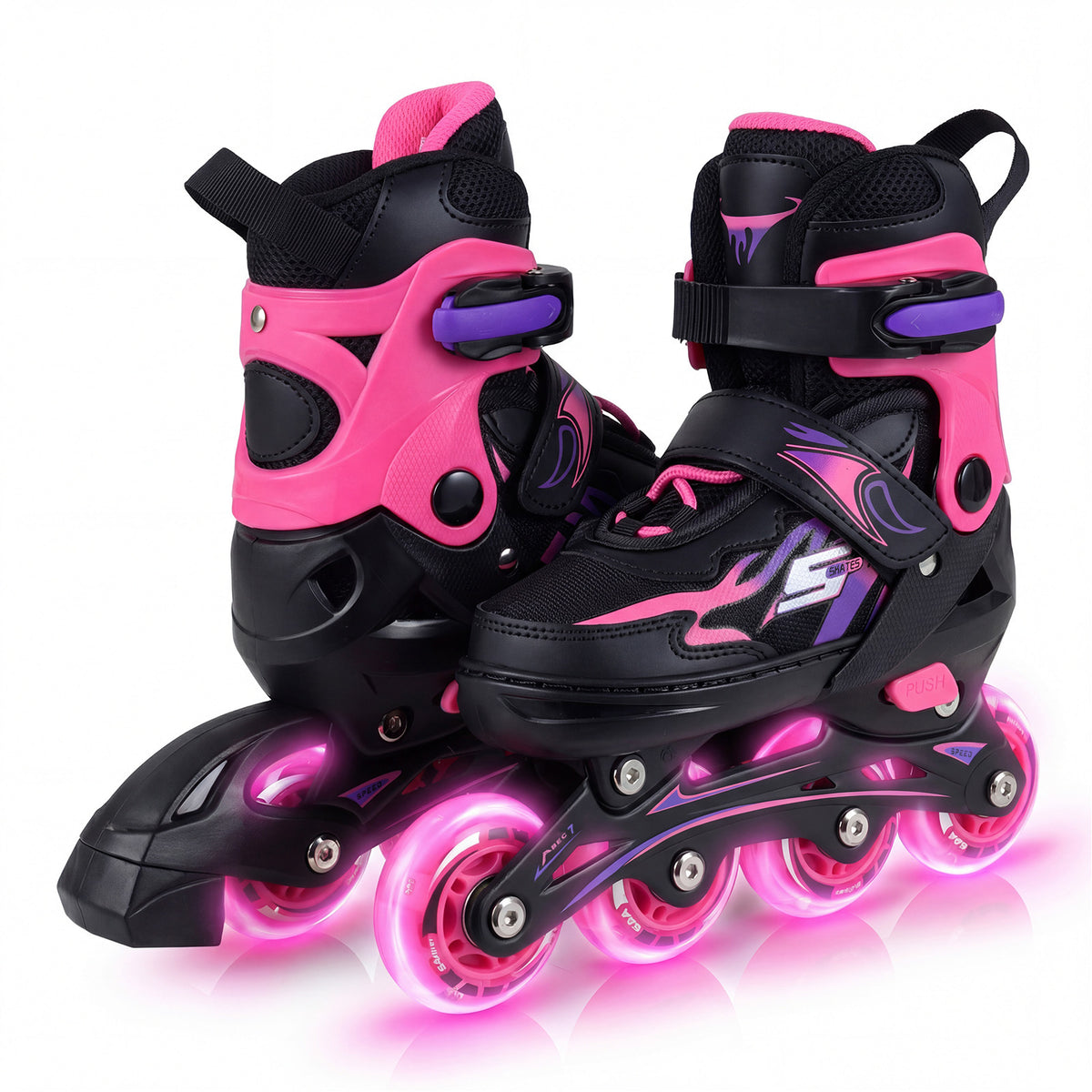 Kids Inline Skates with four illuminated pink wheels and pink accents
