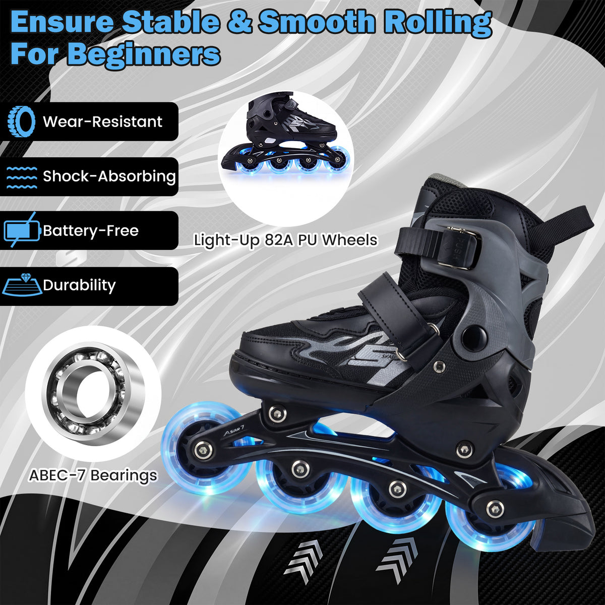 The toy sports features highlighting the shock absorbing wheels and metal bearings