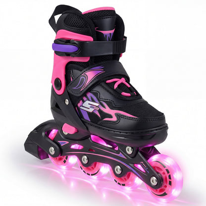 Close up of a pink and black kids inline skate with illuminated wheels