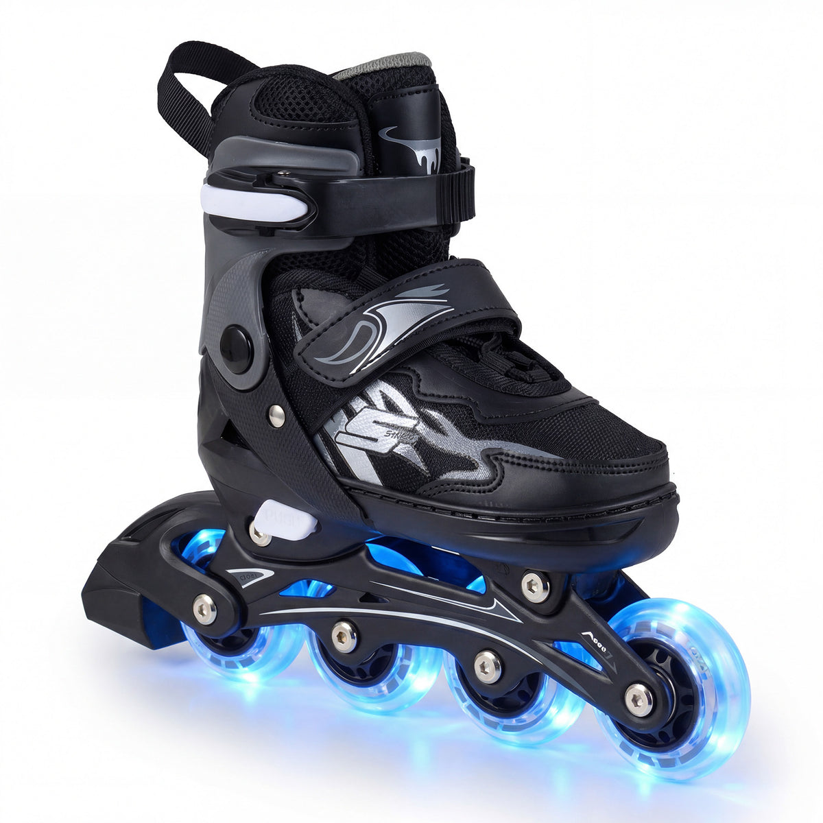 A single grey and black toy sports skate featuring bright blue light up wheels