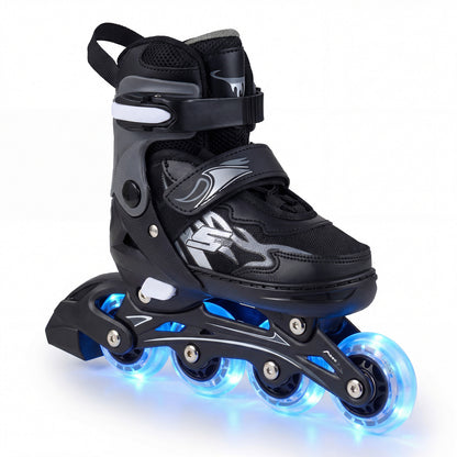 A single grey and black toy sports skate featuring bright blue light up wheels