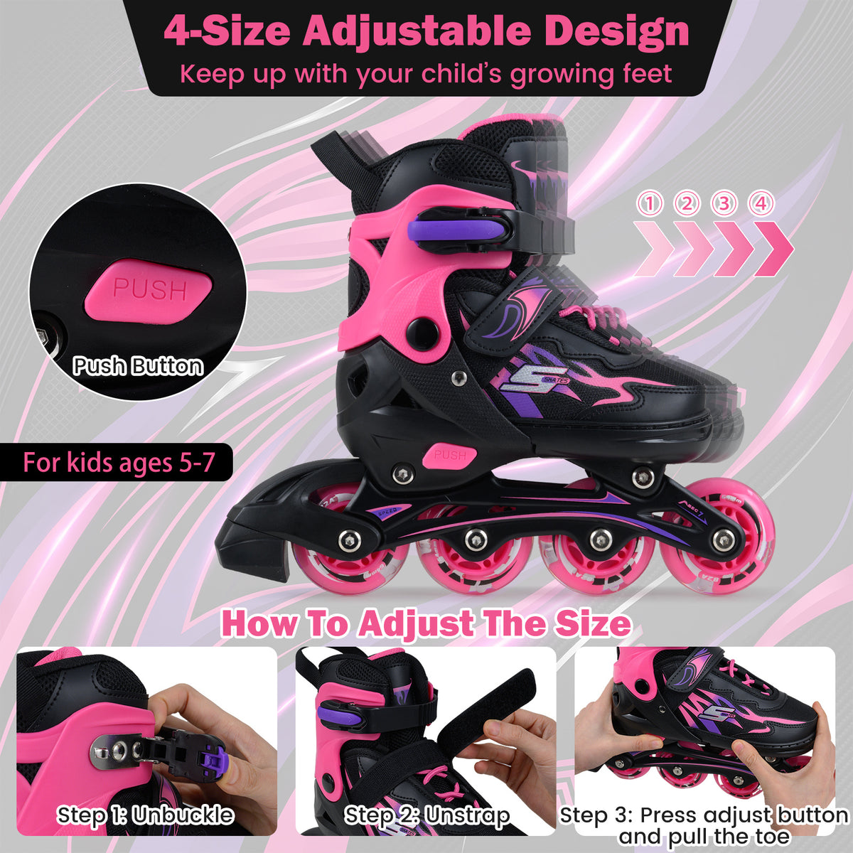 Diagram showing how to adjust the size of the kids inline skates