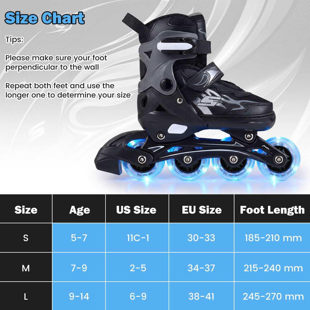 The toy sports sizing guide showing age and foot length measurements in a table