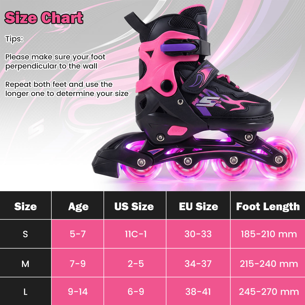 Size chart for kids inline skates showing age and shoe sizes