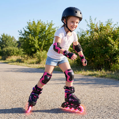 A young girl wearing pink inline skates and safety gear skates outdoors
