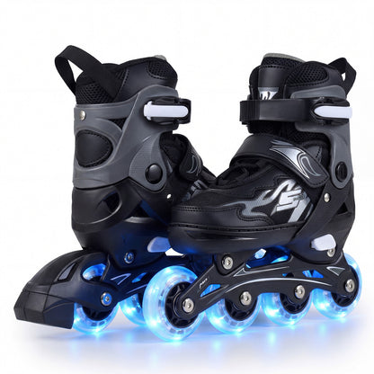 Kids Inline Skates in grey and black with illuminated wheels shown from the side