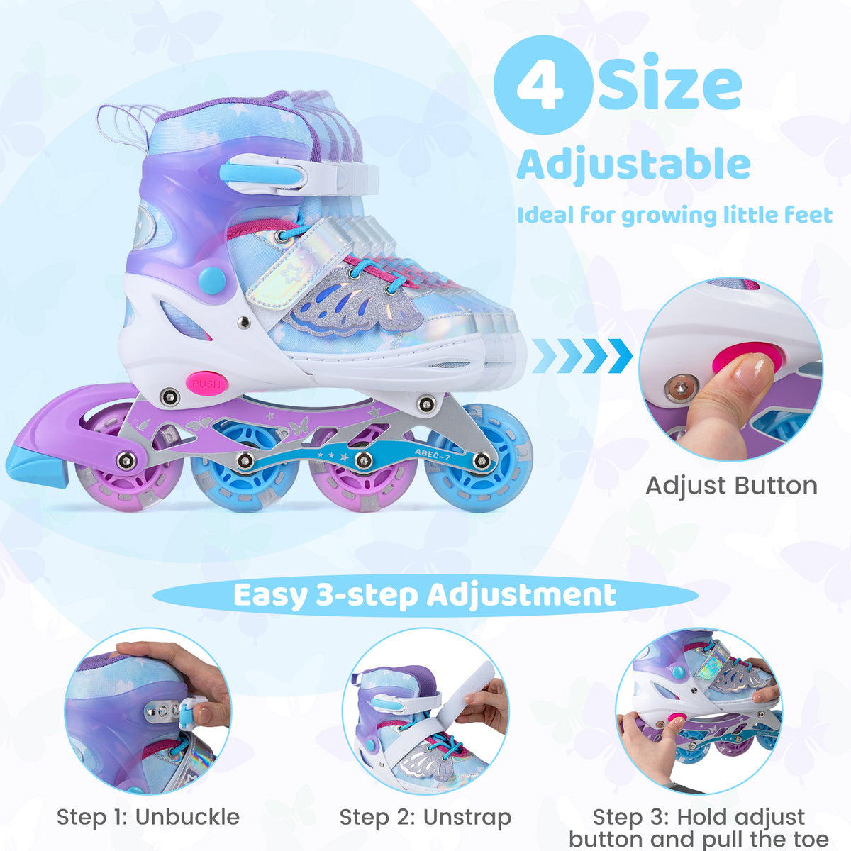 Diagram showing how to adjust the length of the toy sports skate