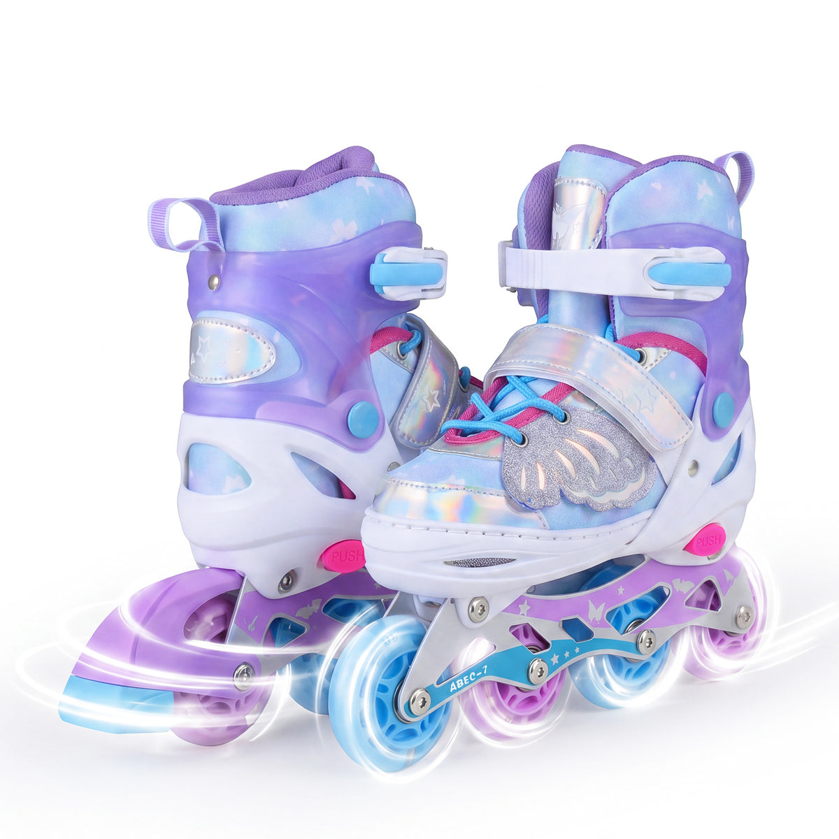 A pair of blue and purple kids inline skates with illuminated wheels