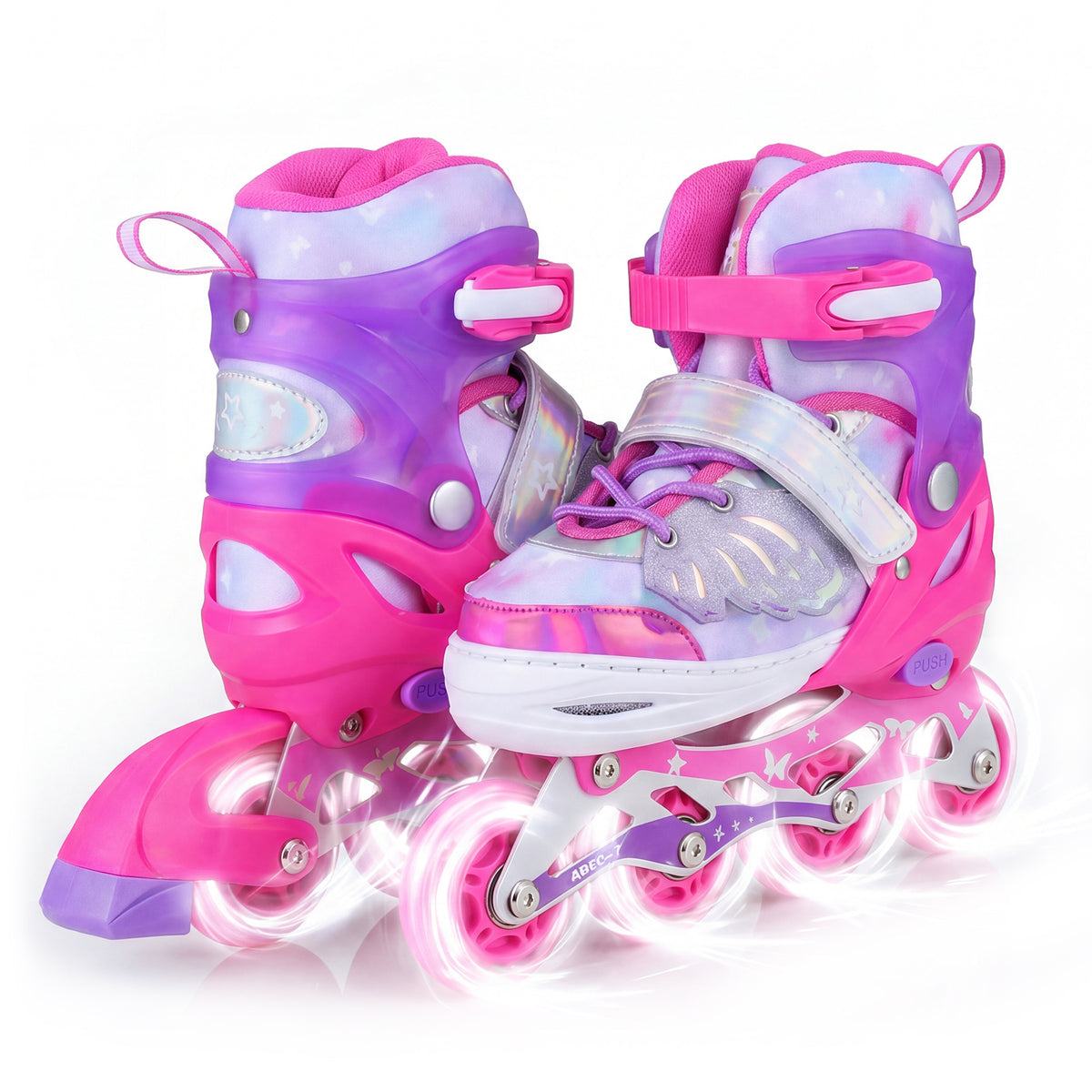 Pair of pink and purple adjustable inline skates with illuminated wheels