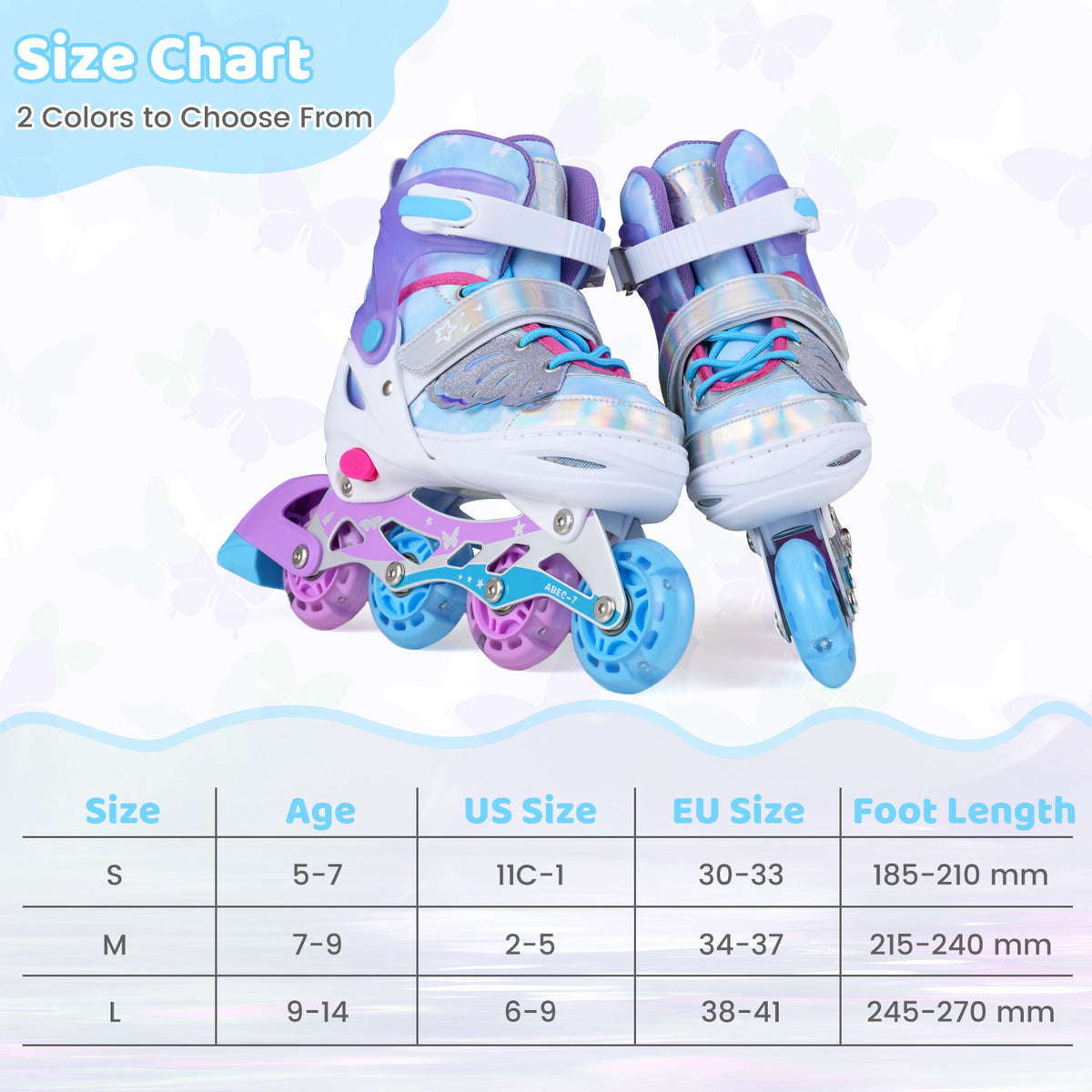 The toy sports skate size chart showing sizes S and L with corresponding age and foot length