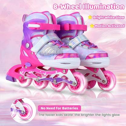 Close up of the illuminated wheels on the pink inline skates, showing they do not need batteries