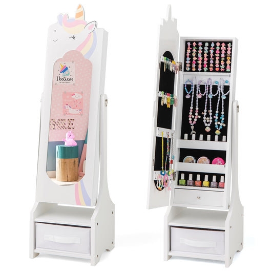 Kids Jewelry Armoire Cabinet Full Length Mirror with Tilt Angles-White showing the front and side